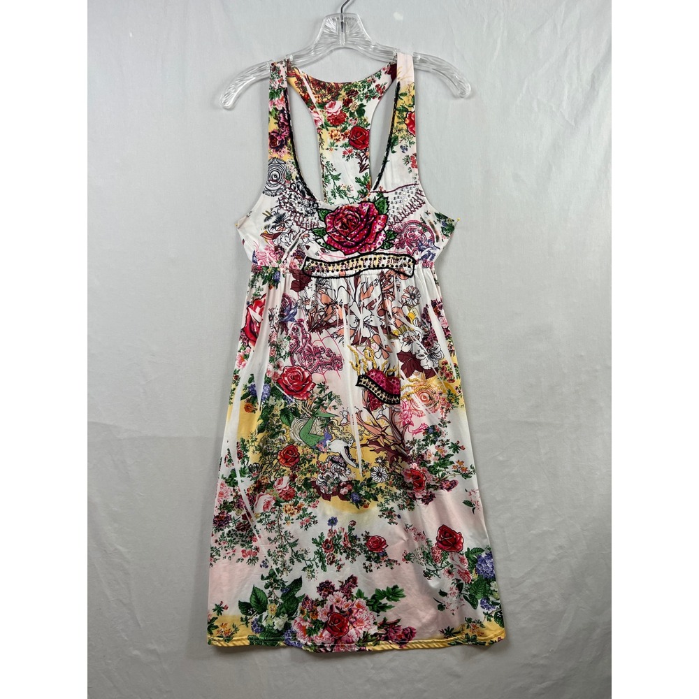 Spy Zone Exchange Dress Womens L White Floral Tattoo Print Rhinestone Racerback